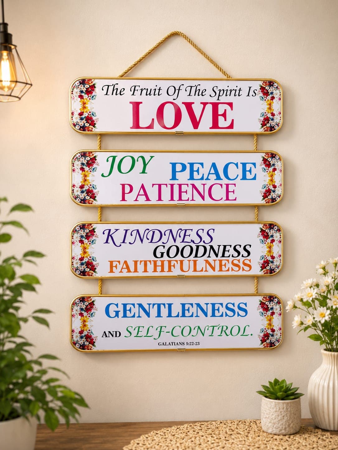 Wooden Wall Hanging – 4-Panel with Golden Border & Golden Rope