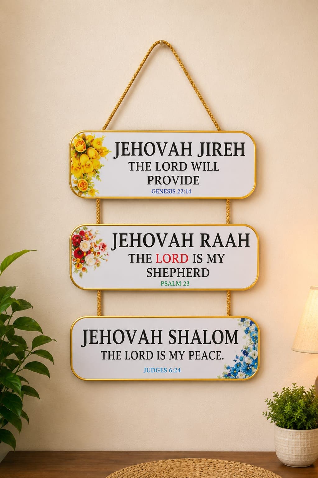 Wooden Wall Hanging – 3-Panel with Golden Border & Golden Rope