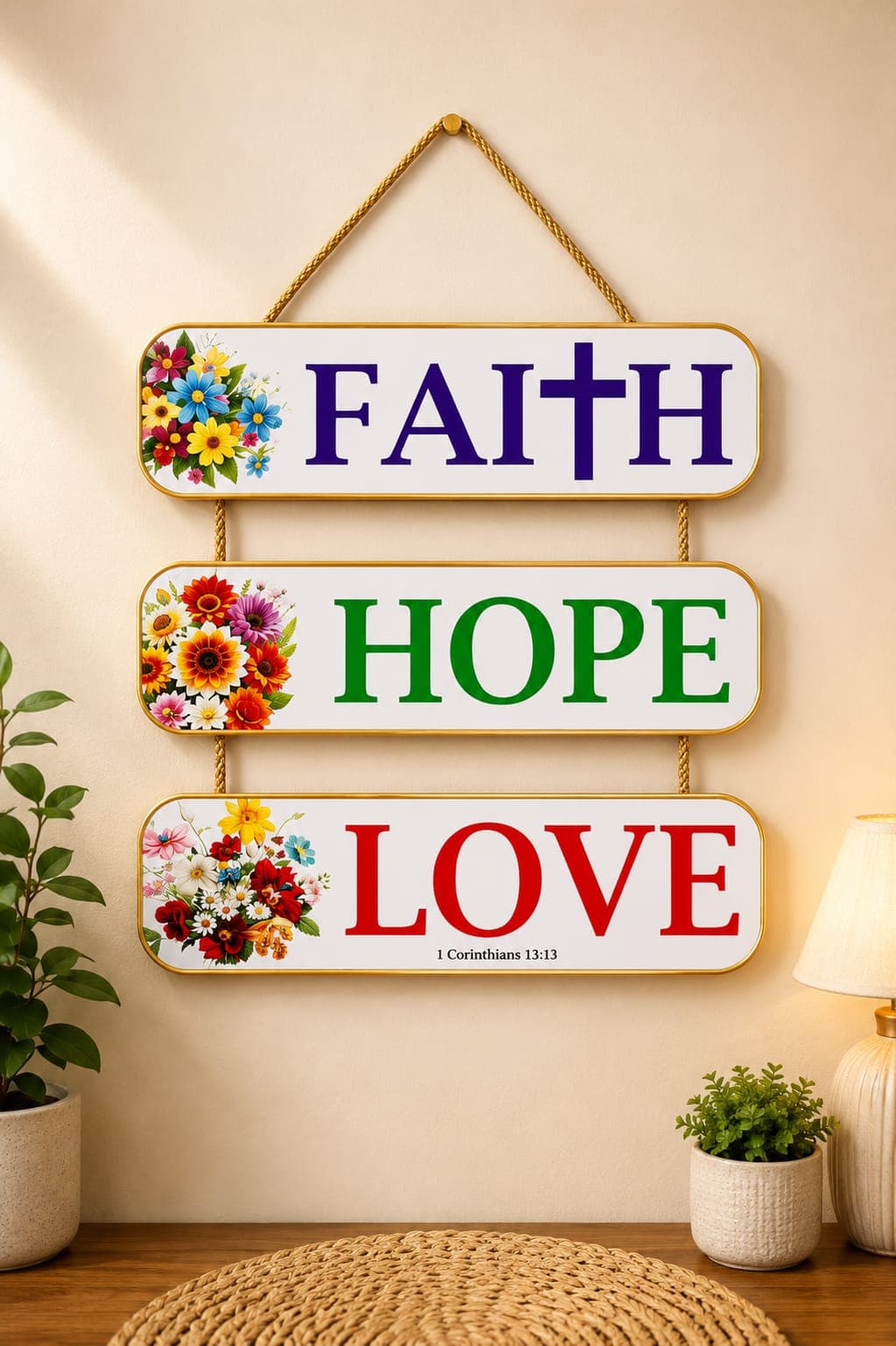 FAITH-HOPE-LOVE Wooden Wall Hanging – 3-Panel with Golden Border & Golden Rope