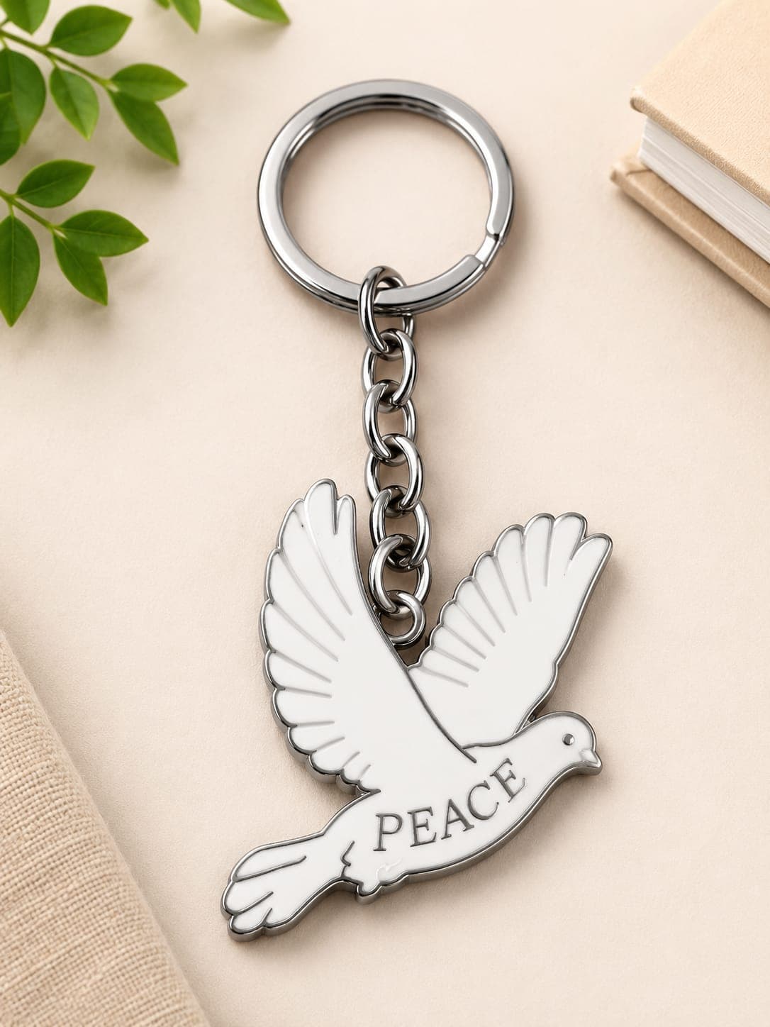 Peace Dove Stainless Steel Keychain – White Dove Design