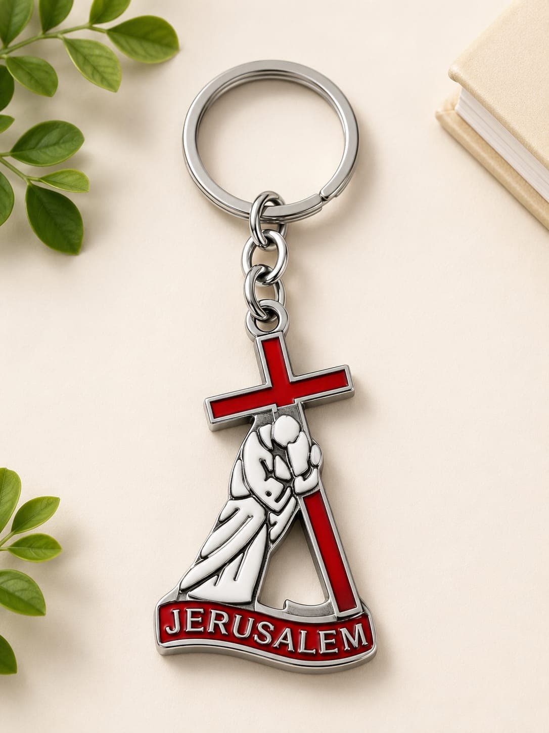 Jerusalem Stainless Steel Keychain with Cross & Unity Hand