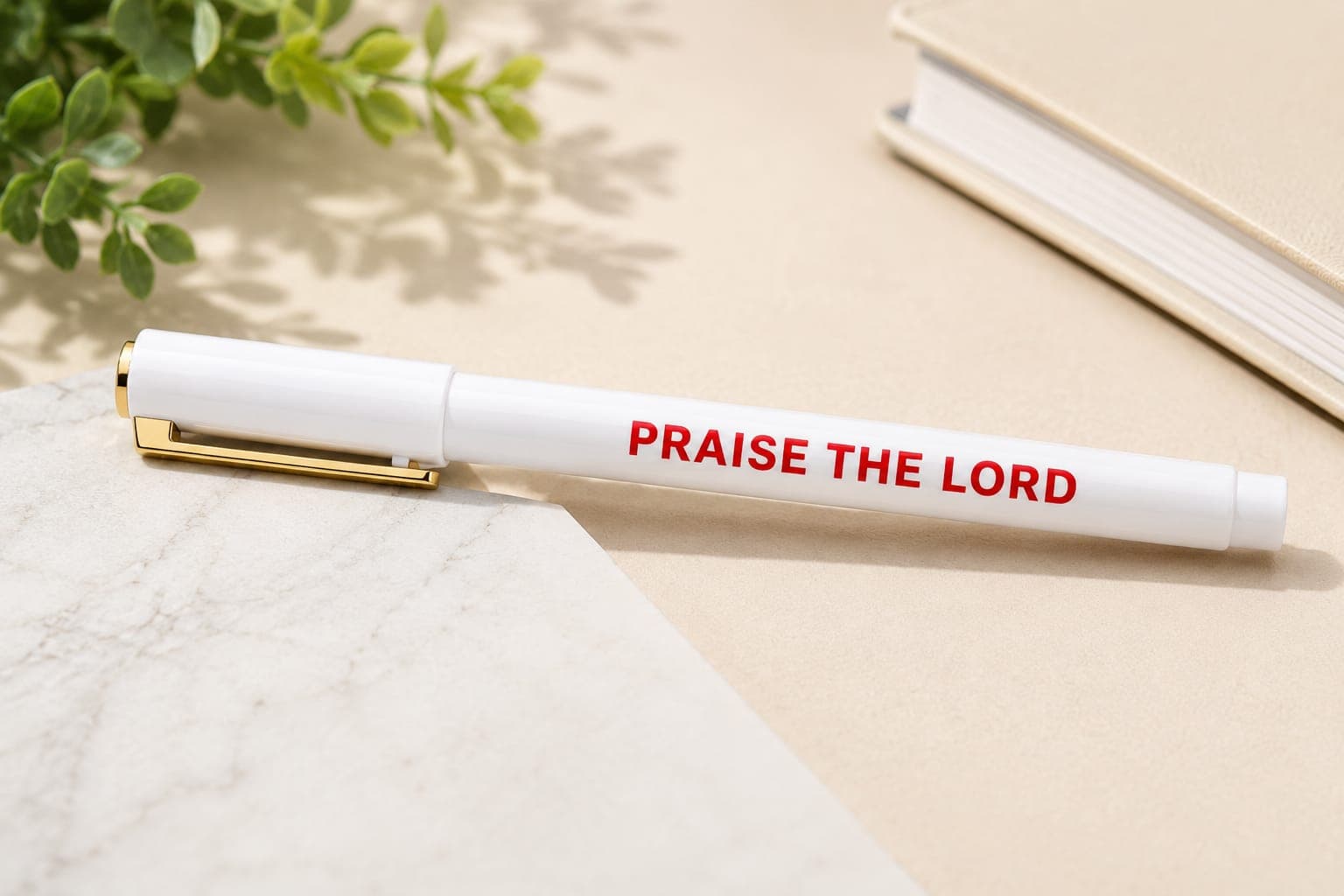 Praise the Lord Plastic Pen – White Body with Red Print | Blue Ball Pen