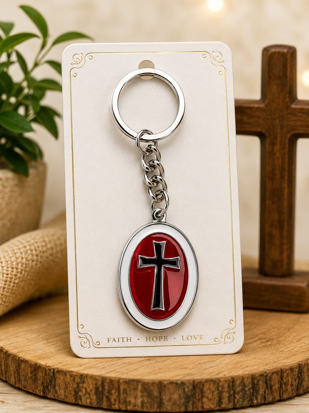 Oval Stainless Steel Keychain with Black Cross – White & Red Design