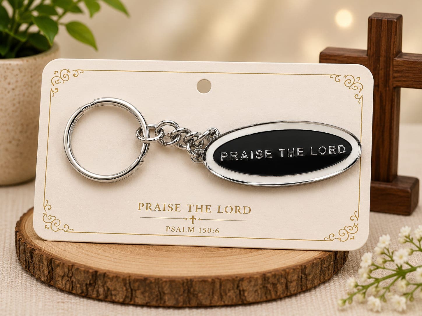 Praise the Lord Stainless Steel Keychain – White & Blue Design