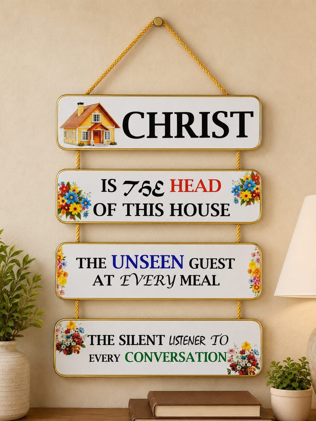 Wooden Wall Hanging – 4-Panel with Golden Border & Golden Rope