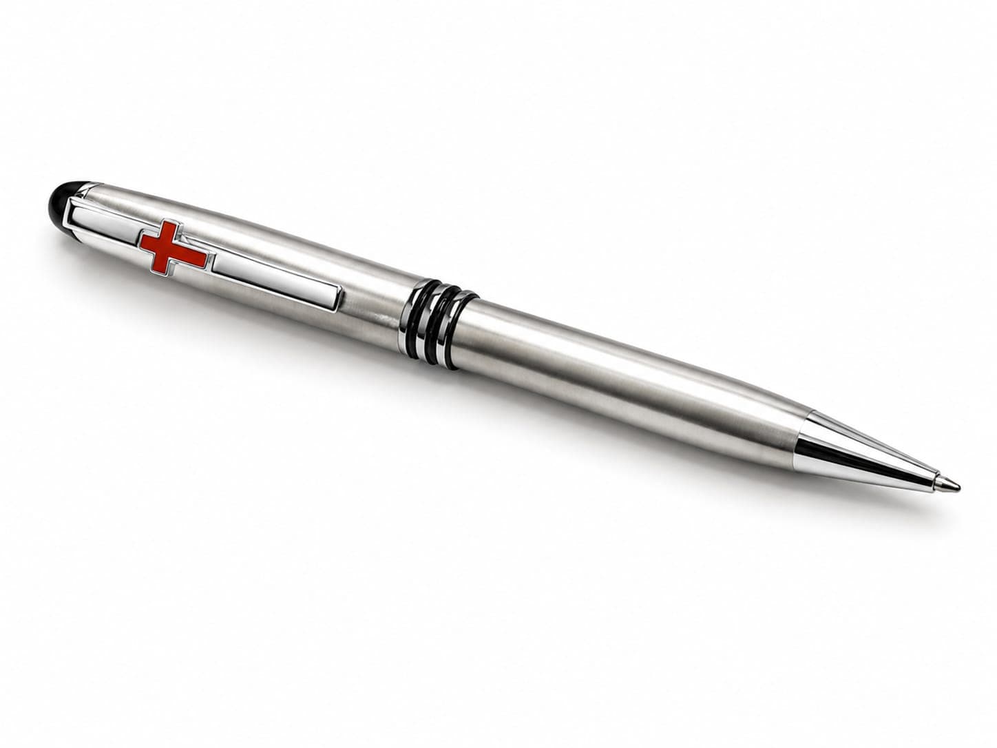 Premium Silver Stainless Steel Pen with Red & Blue Cross