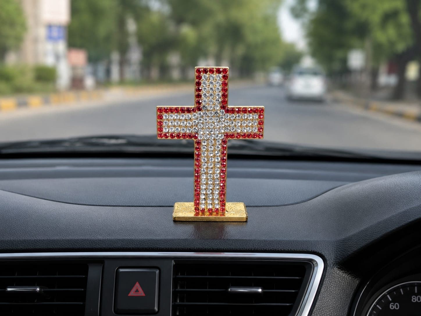 Golden Cross Car Dashboard Stand with Red & White Stones – Heavy Metal